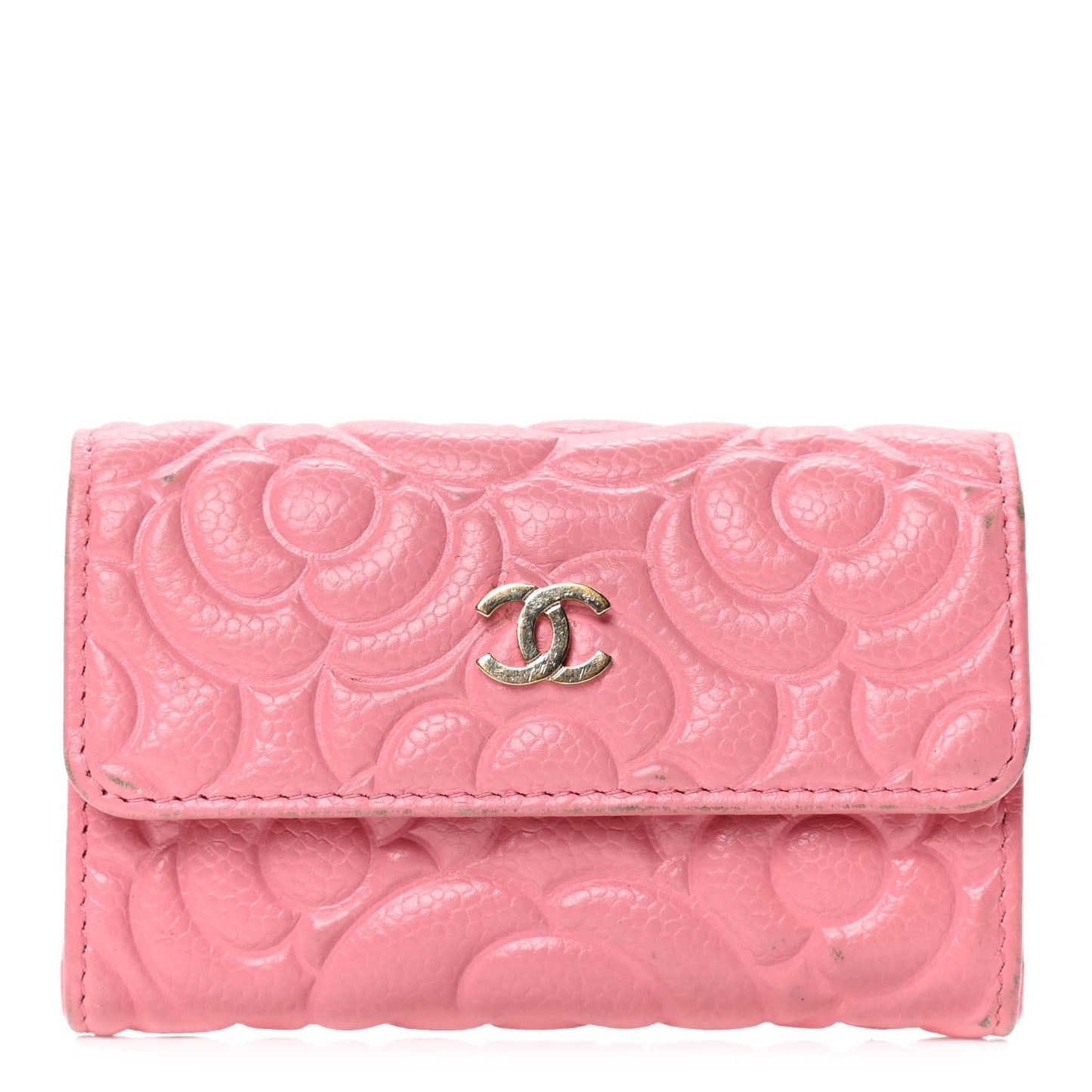 Caviar Camellia Embossed Card Holder Wallet Pink