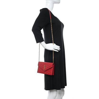 Saint Laurent Grain De Poudre Matelasse Chevron Monogram Envelope Chain Wallet Red 2 of 13