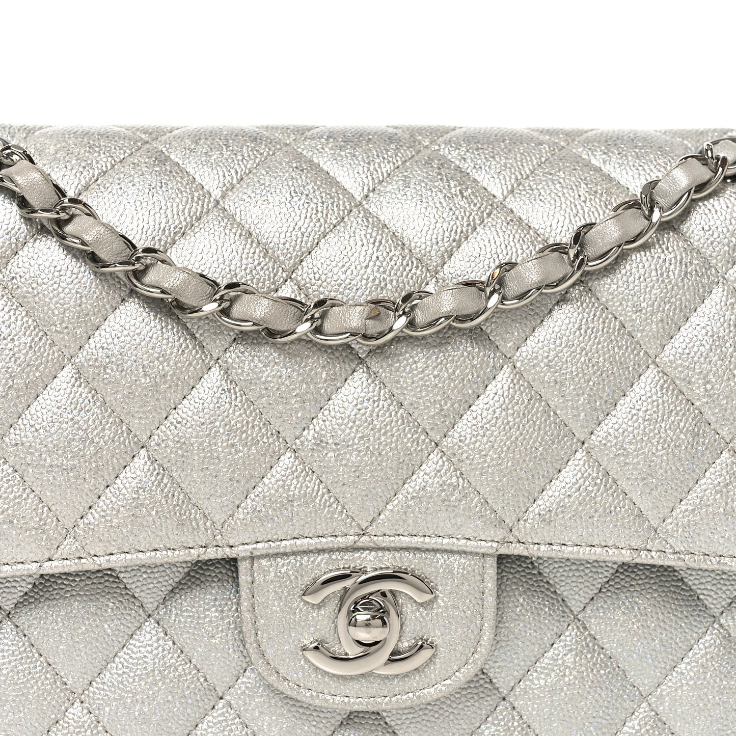 Glittered Metallic Caviar Quilted Medium Double Flap Silver