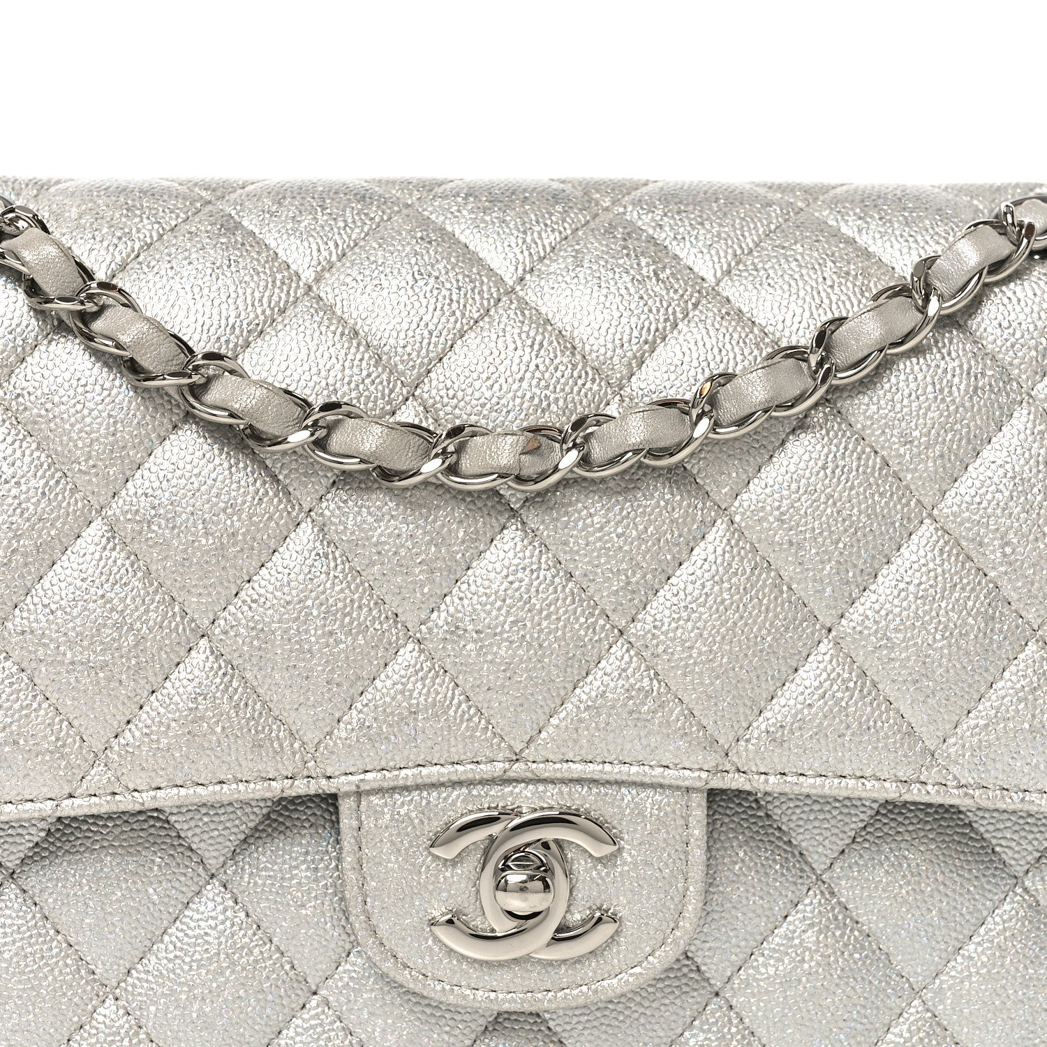 Chanel Glittered Metallic Caviar Quilted Medium Double Flap Silver 7 of 9