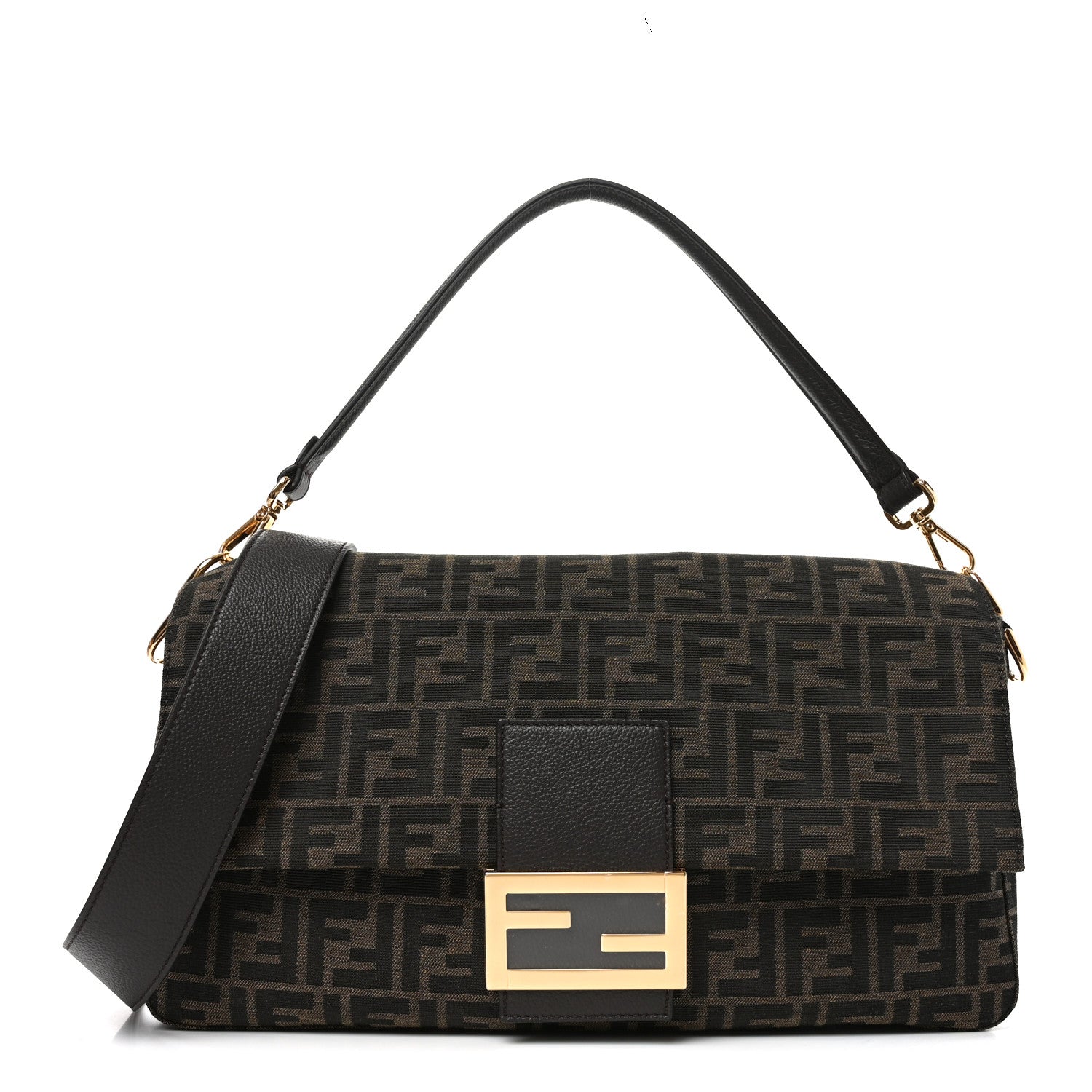 Fendi Fabric Jacquard FF 1974 Maxi Baguette Tobacco Moro Black 1 of 10