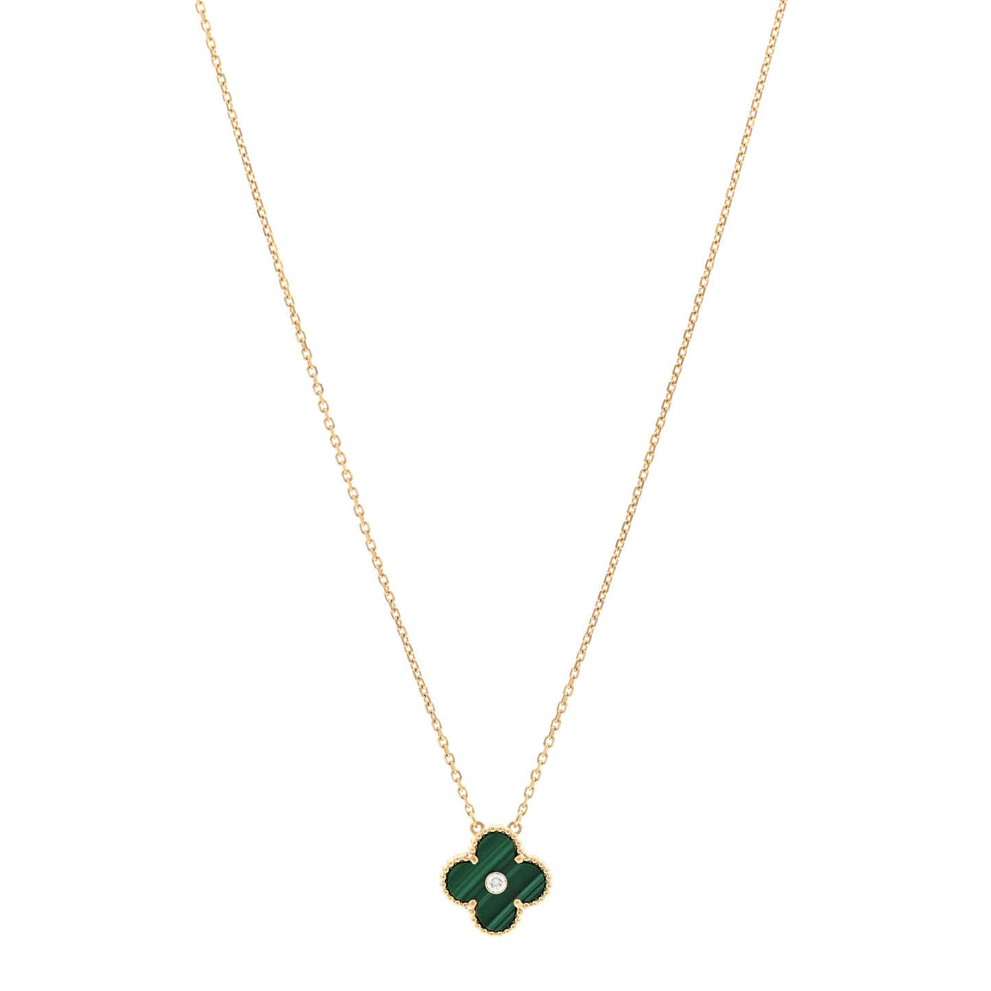 18K Yellow Gold Diamond Malachite Vintage Alhambra Pendant Necklace