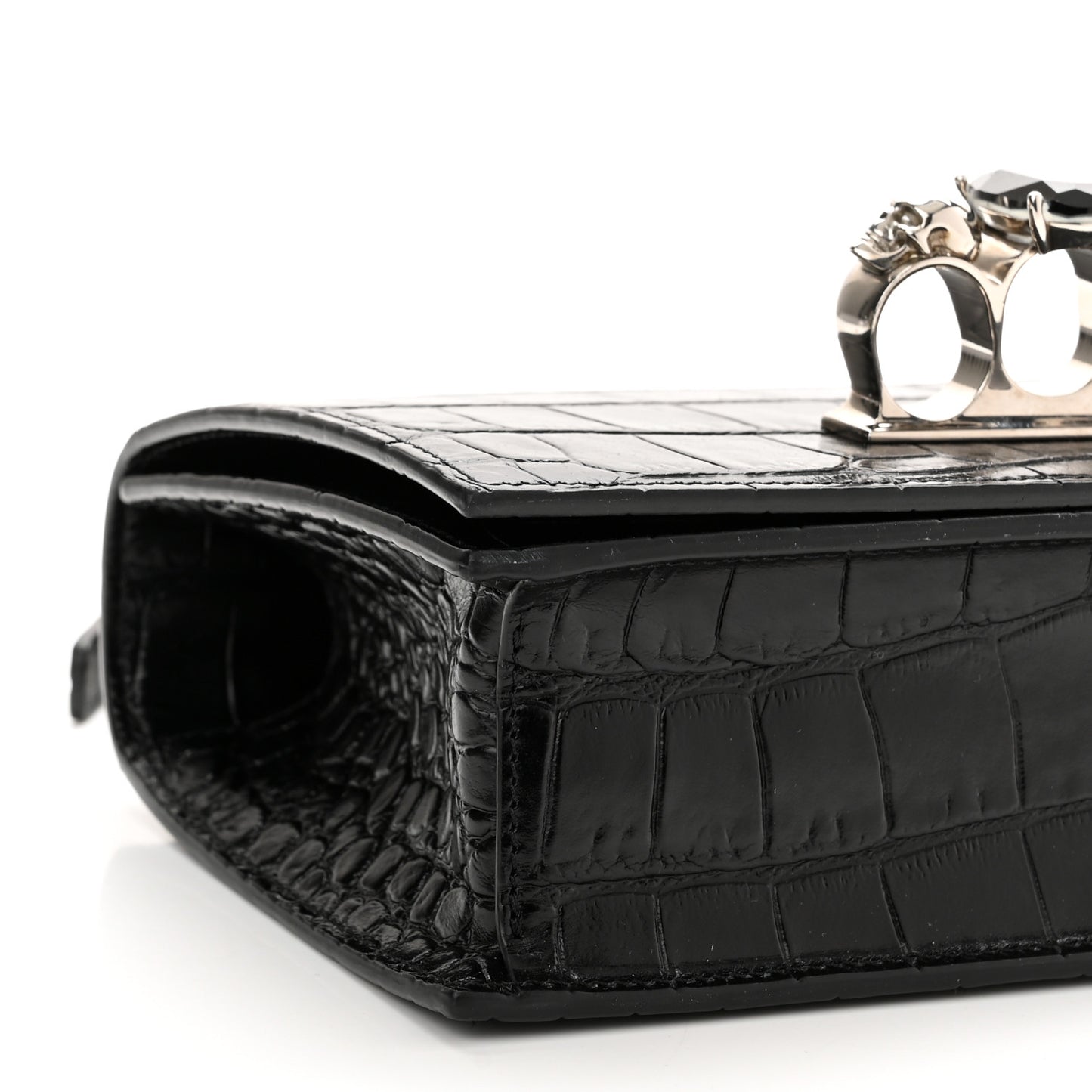 Shiny Crocodile Embossed Jeweled Satchel Black
