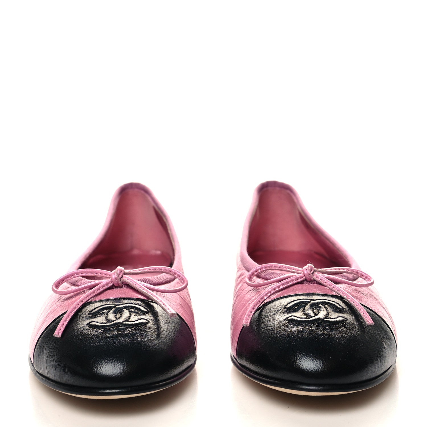 Chanel Laminated Crumpled Lambskin Cap Toe CC Ballerina Flats 39.5 Pink Black 2 of 10