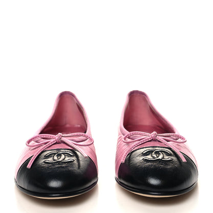 Chanel Laminated Crumpled Lambskin Cap Toe CC Ballerina Flats 39.5 Pink Black 2 of 10
