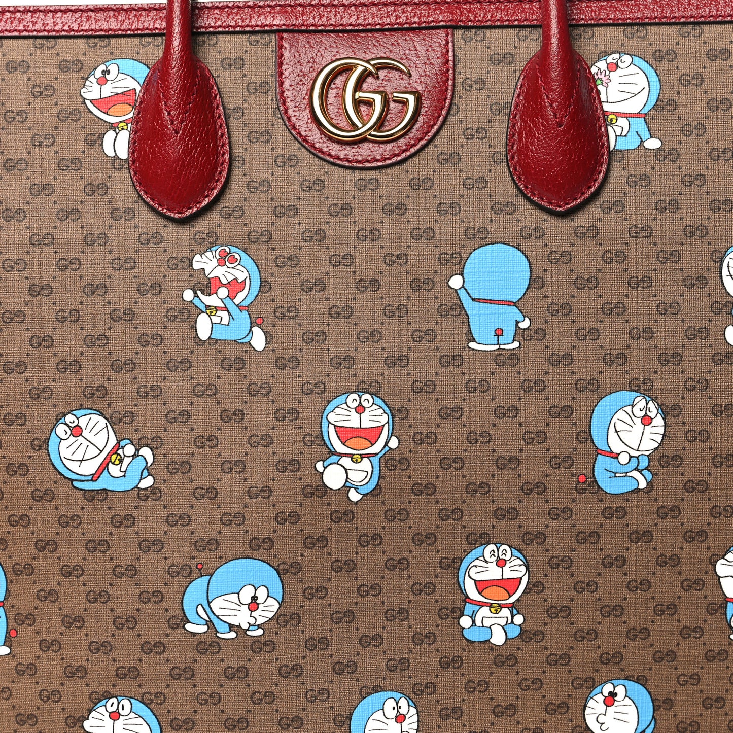 X DORAEMON Mini Vintage GG Supreme Monogram Large Tote Bag Beige Cherry Red
