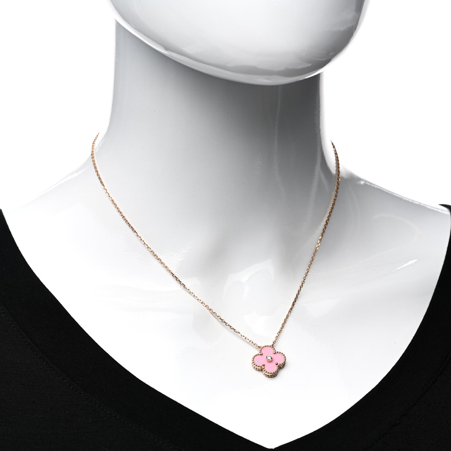 18K Rose Gold Diamond Pink Porcelain Vintage Alhambra Pendant Necklace