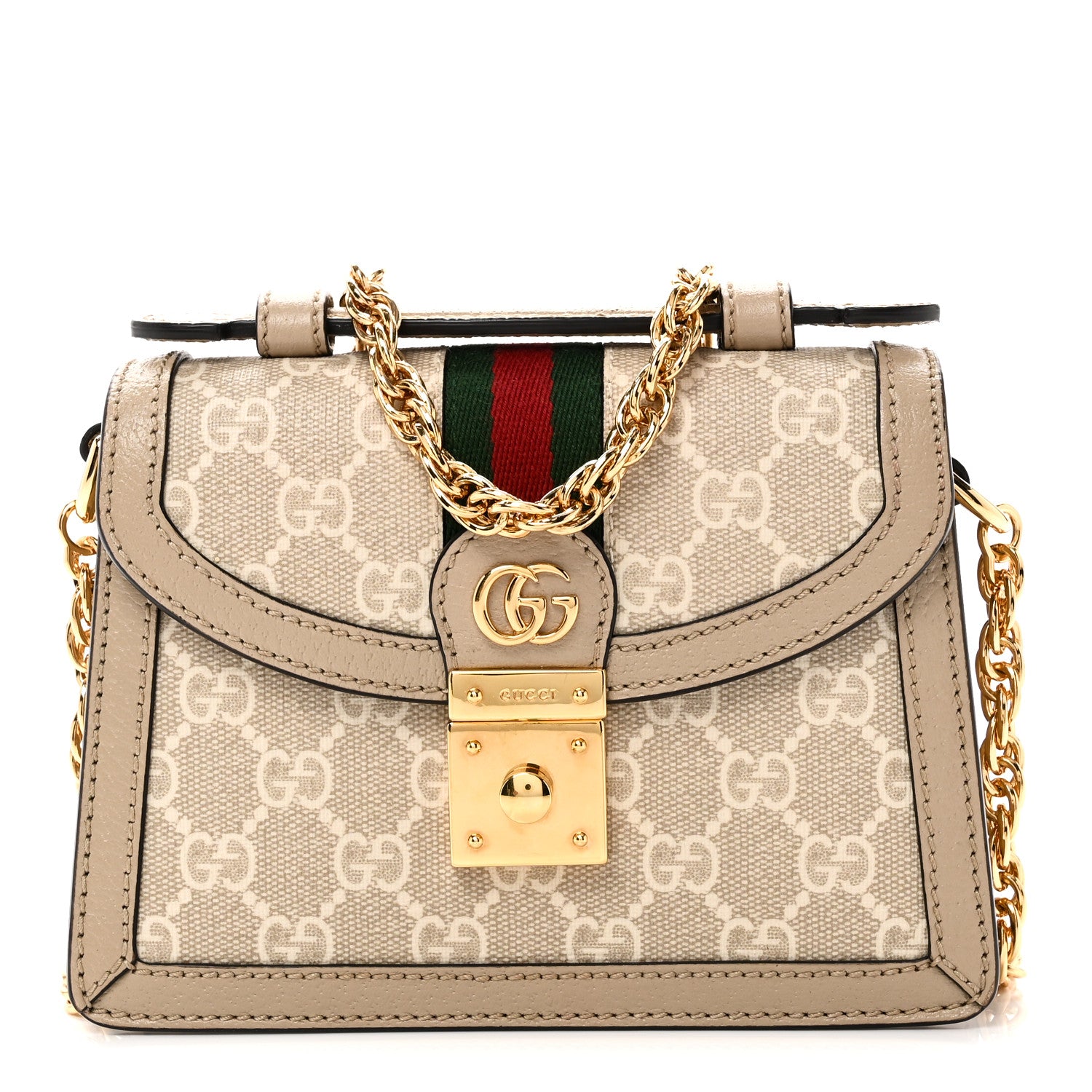 Gucci GG Supreme Monogram Textured Dollar Calfskin Web Mini Ophidia Padlock Top Handle Chain Shoulder Bag Beige Mystic White Oatmeal 1 of 10