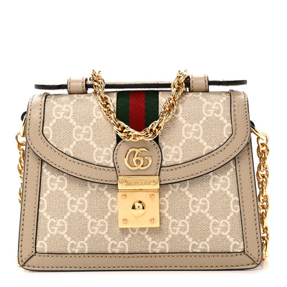 Gucci GG Supreme Monogram Textured Dollar Calfskin Web Mini Ophidia Padlock Top Handle Chain Shoulder Bag Beige Mystic White Oatmeal 1 of 10