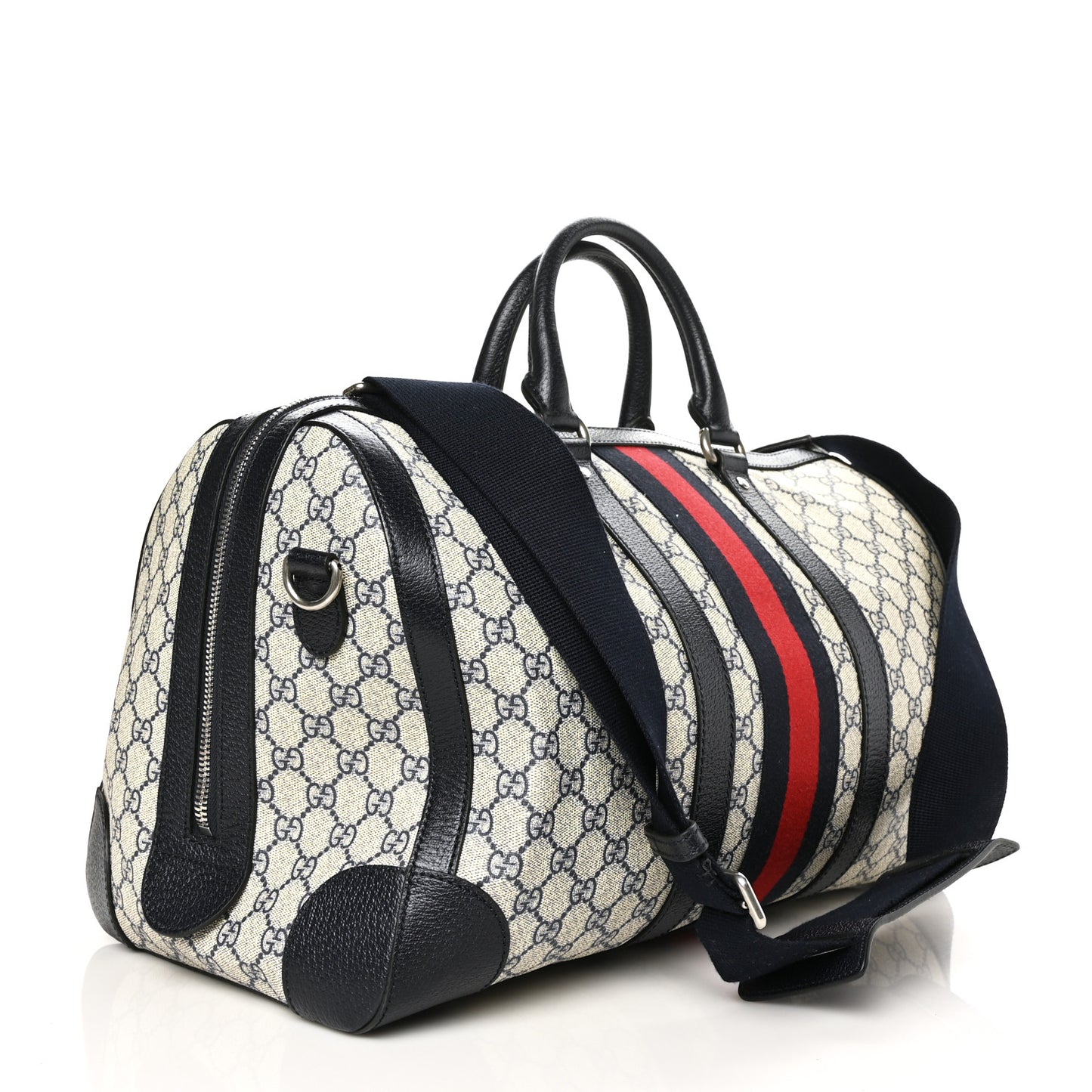 GG Supreme Monogram Textured Dollar Calfskin Web Medium Ophidia Duffle Bag Beige Blue