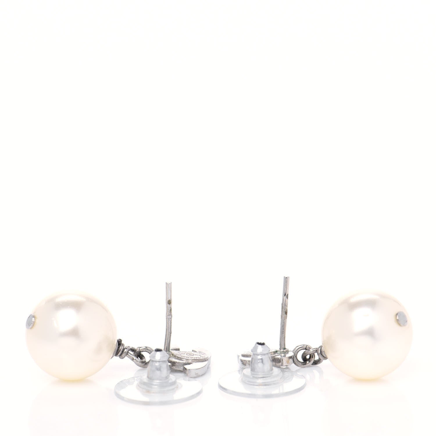 Chanel Crystal Pearl CC Drop Earrings Silver Pearly White 3 of 4