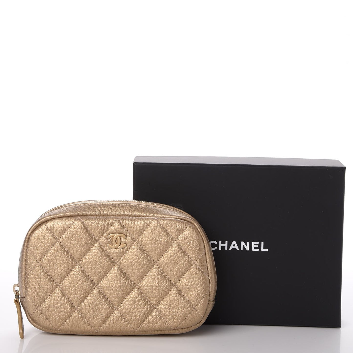 Metallic Calfskin Quilted Small Curvy Pouch Cosmetic Case Gold