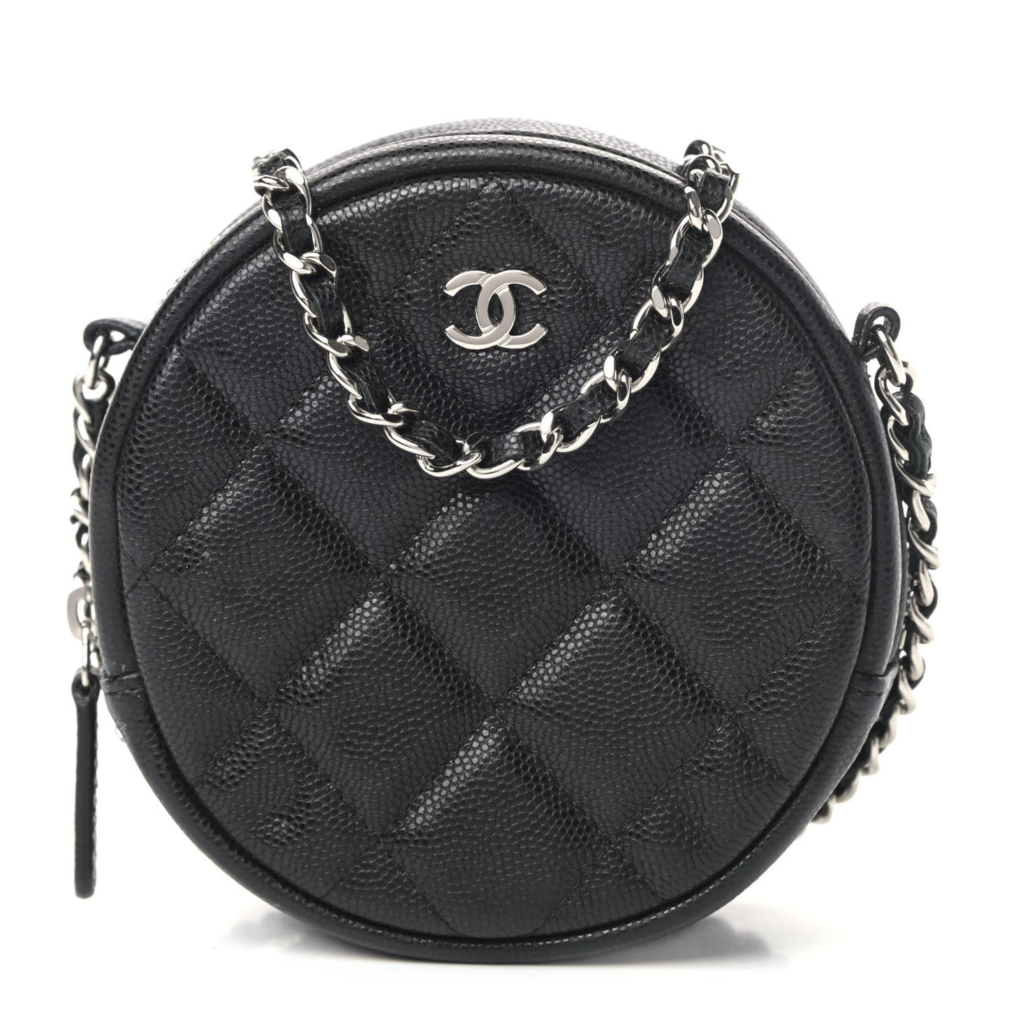 Caviar Quilted Round Clutch With Chain Black