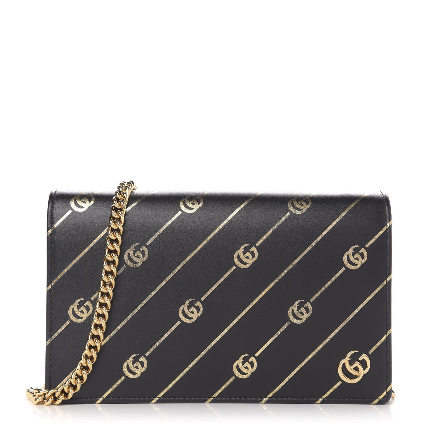 Calfskin Diagonal GG Mini Chain Wallet Black Gold