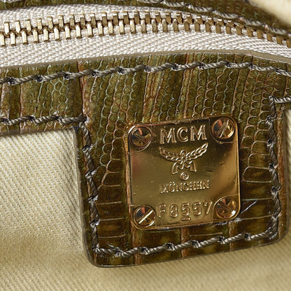 MCM Pebbled Calfskin Lizard Boston Bag Brown 6 of 9