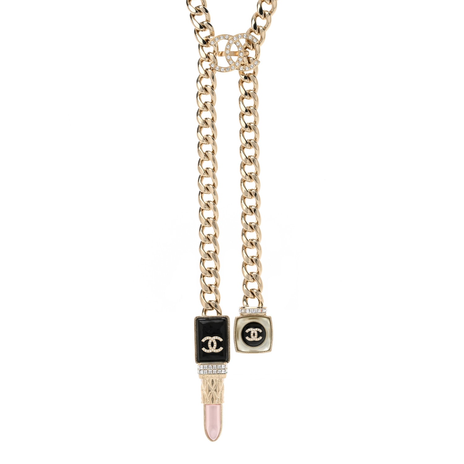 Chanel Metal Strass Pearl Lipstick Necklace Pink Gold 1 of 4