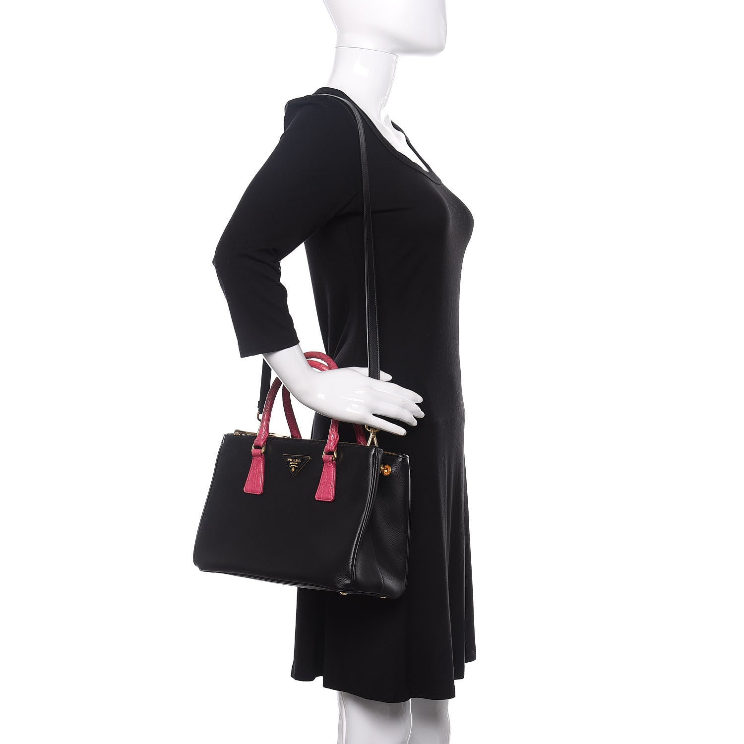 Prada Saffiano Crocodile Small Galleria Double Zip Tote Black 3 of 11