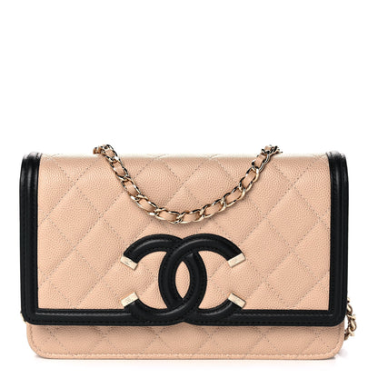 Chanel Caviar Quilted CC Filigree Wallet On Chain WOC Beige Black 1 of 11