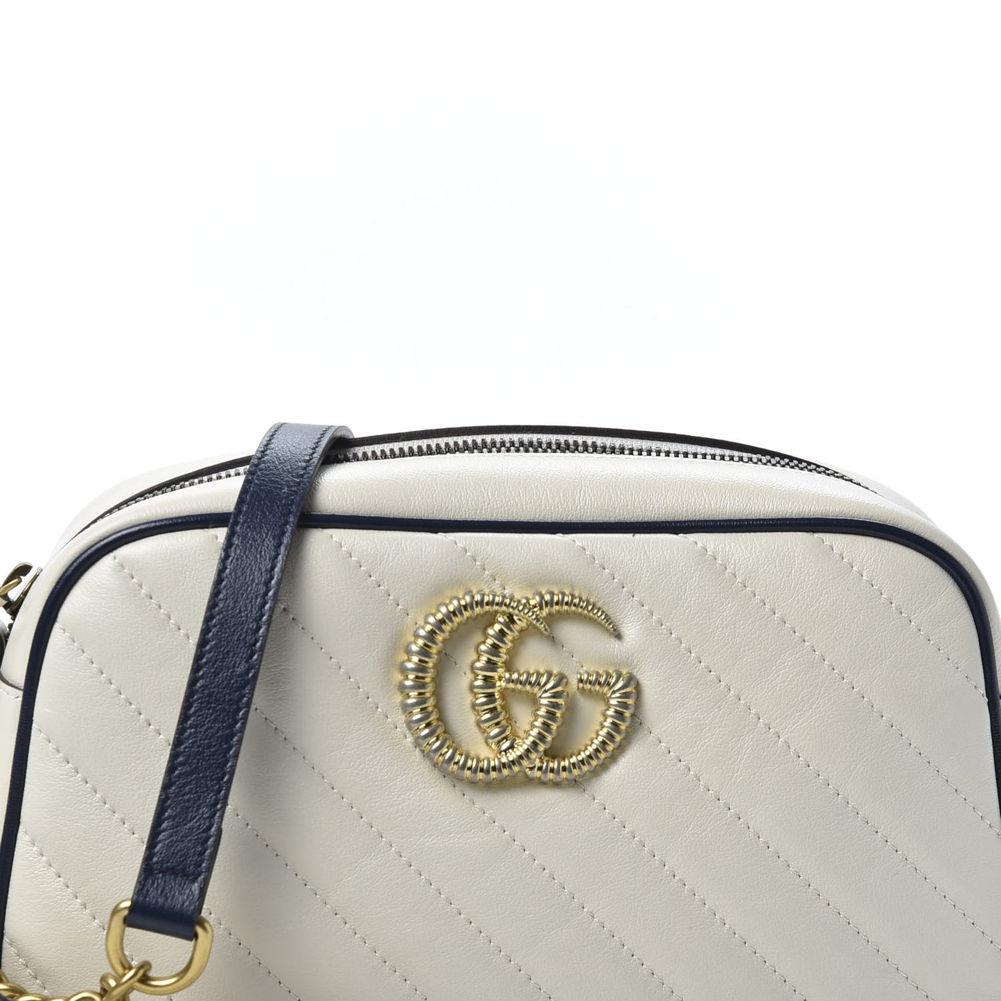 Vintage Effect Calfskin Matelasse Diagonal Small Torchon GG Marmont Chain Shoulder Bag Mystic White Blue Agata