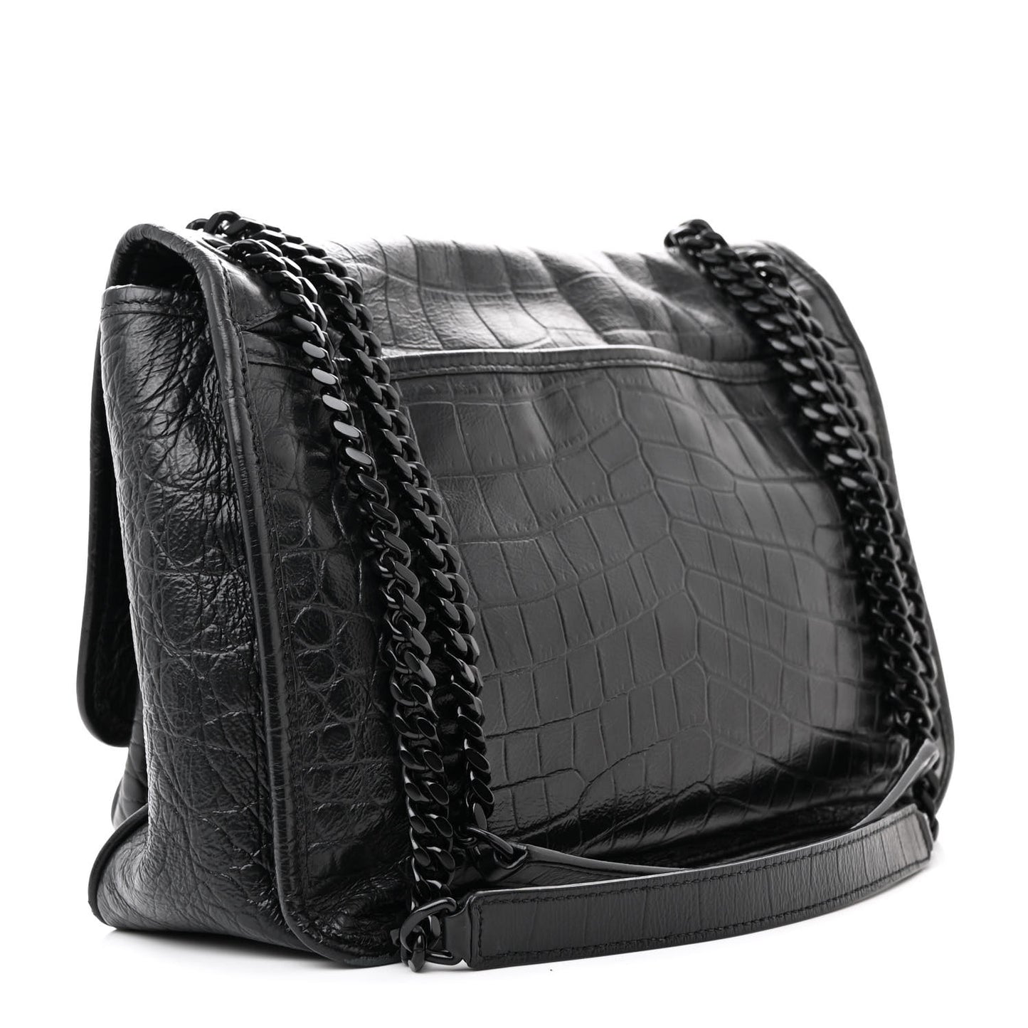 Crocodile Embossed Lambskin Monogram Medium Niki Chain Satchel Black