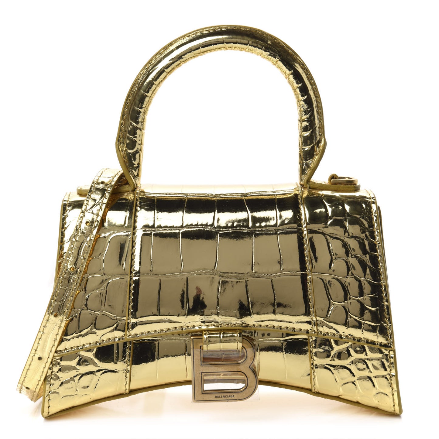 Metallic Calfskin Crocodile Embossed Hourglass Top Handle Bag XS Gold
