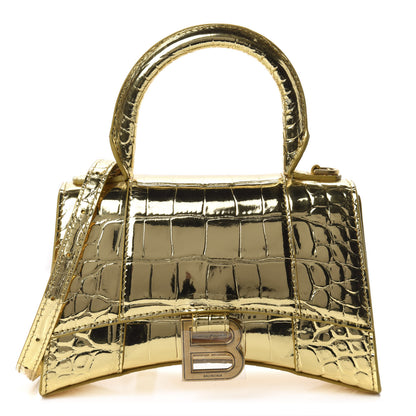 Balenciaga Metallic Calfskin Crocodile Embossed Hourglass Top Handle Bag XS Gold 1 of 9