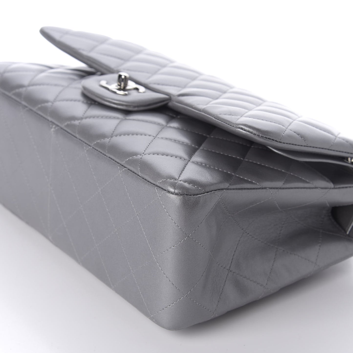 Metallic Lambskin Quilted Jumbo Double Flap Grey