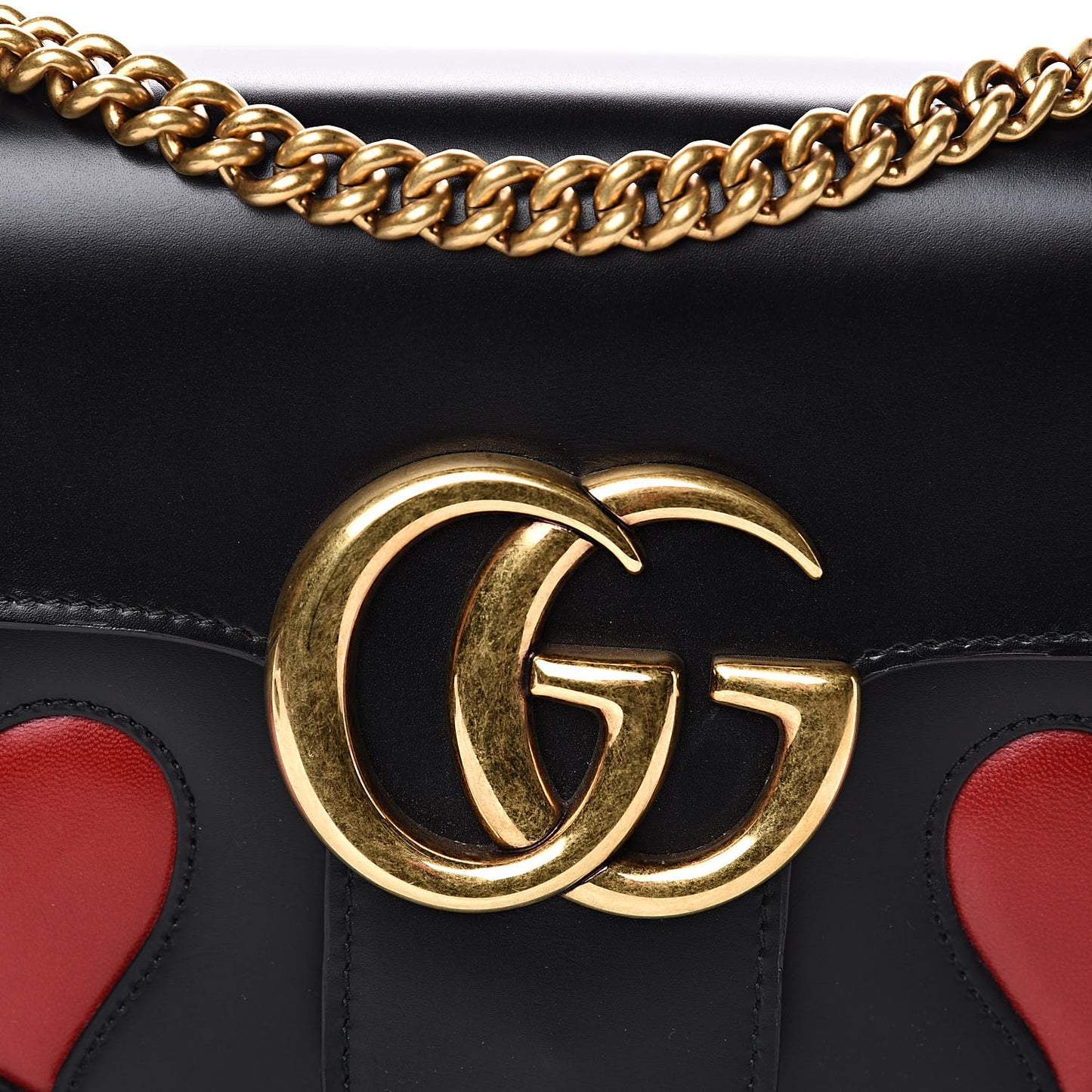 Knight Calfskin Malaga Kid Heart Medium GG Marmont Chain Handle Bag Black Hibiscus Red Multicolor