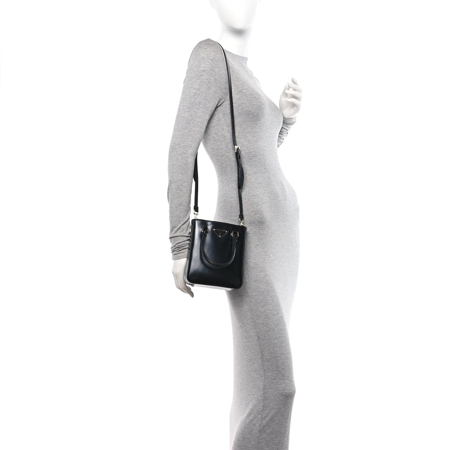 Prada Spazzolato Triangle Small Double Handle Crossbody Tote Black 2 of 10