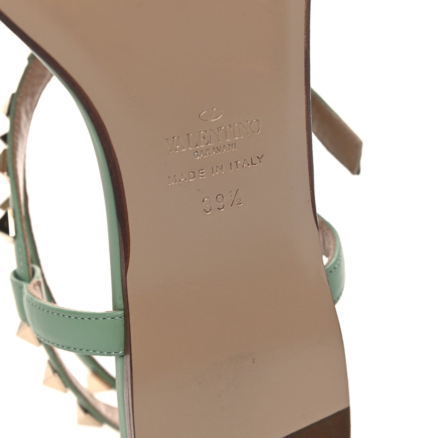 Calfskin Rockstud Ankle T-Strap Flat Sandals 39.5 Powder Green