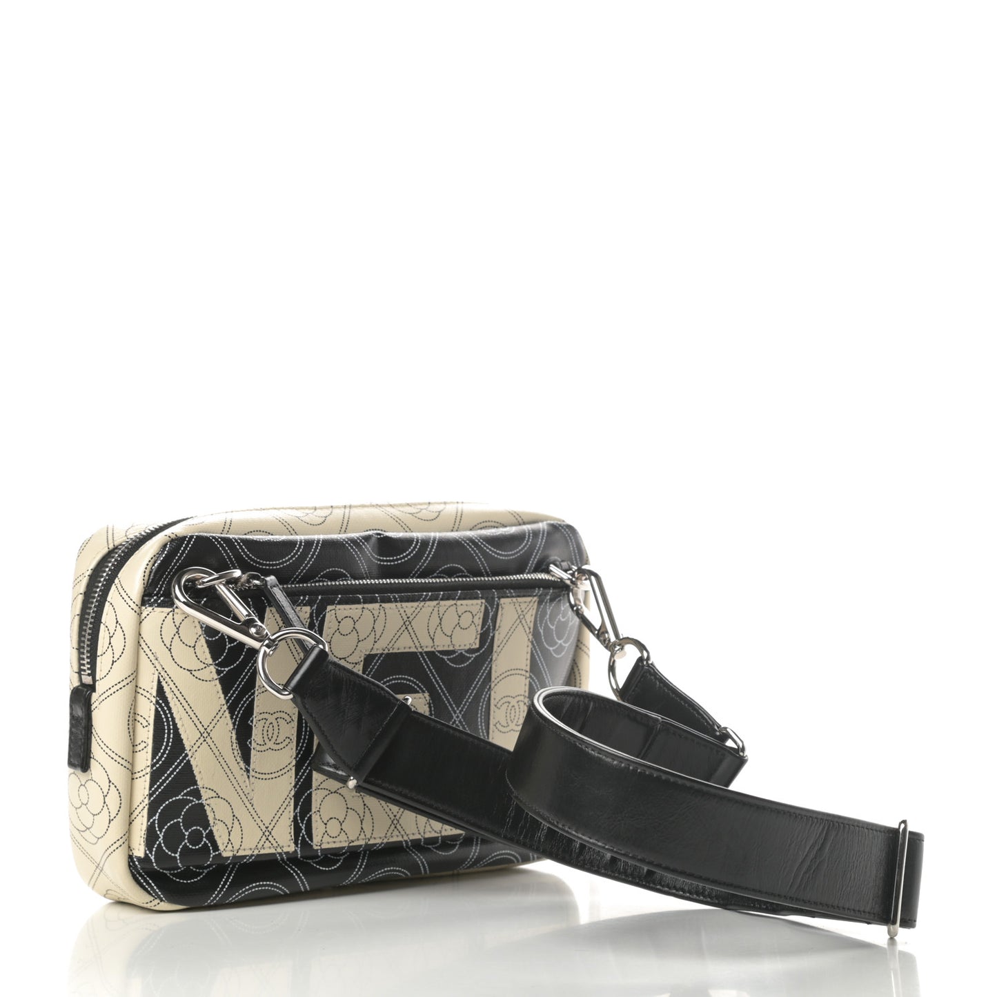 Coated Canvas Calfskin Camellia Printed Camera Case Black Beige