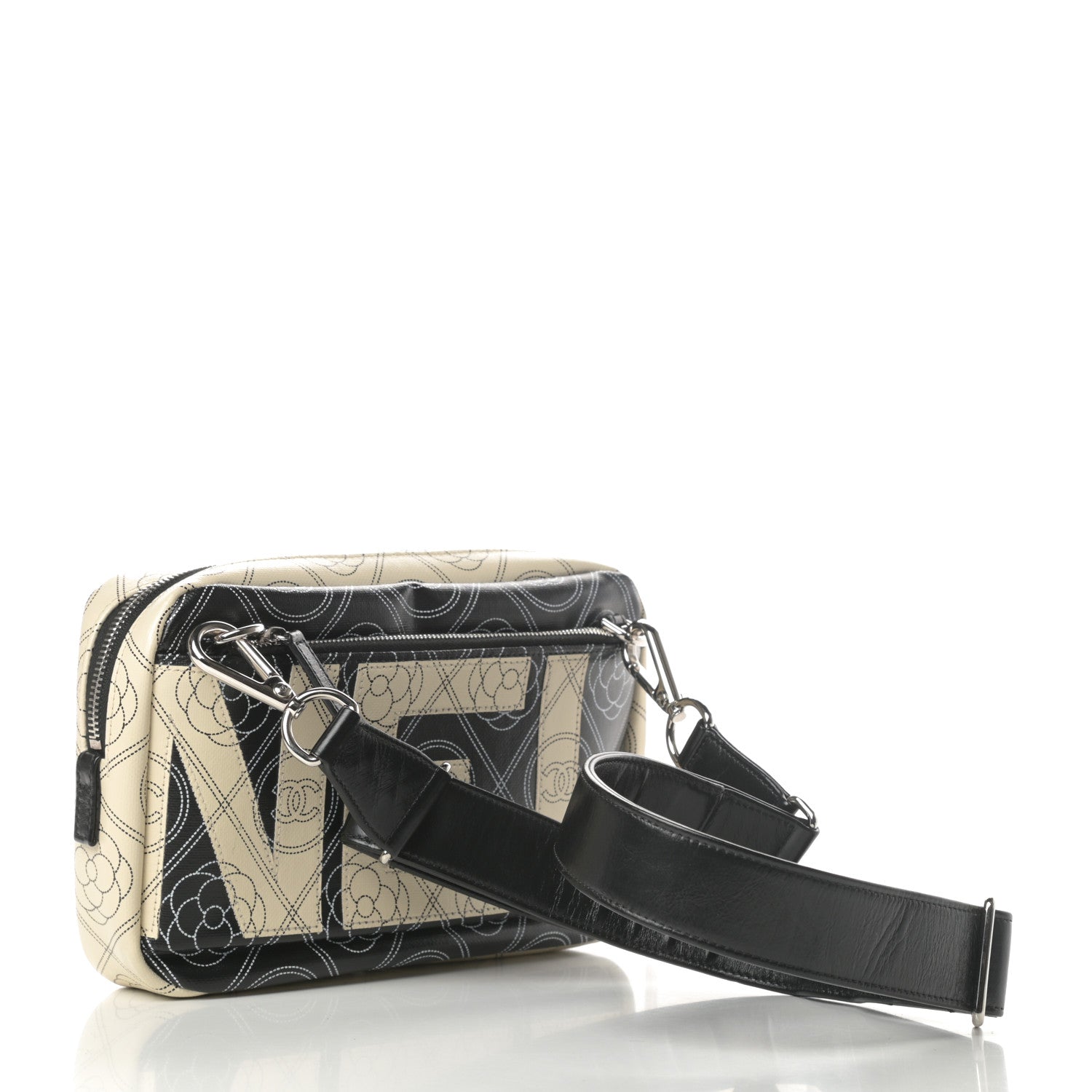 Chanel Coated Canvas Calfskin Camellia Printed Camera Case Black Beige 4 of 11