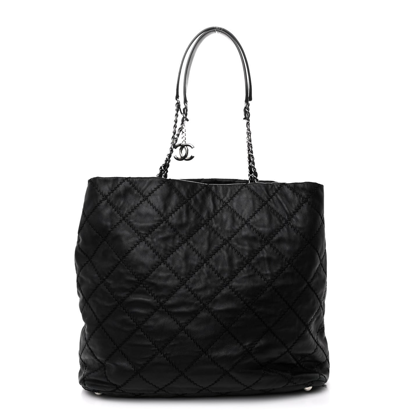 Lambskin Stitched Shopper Tote Black