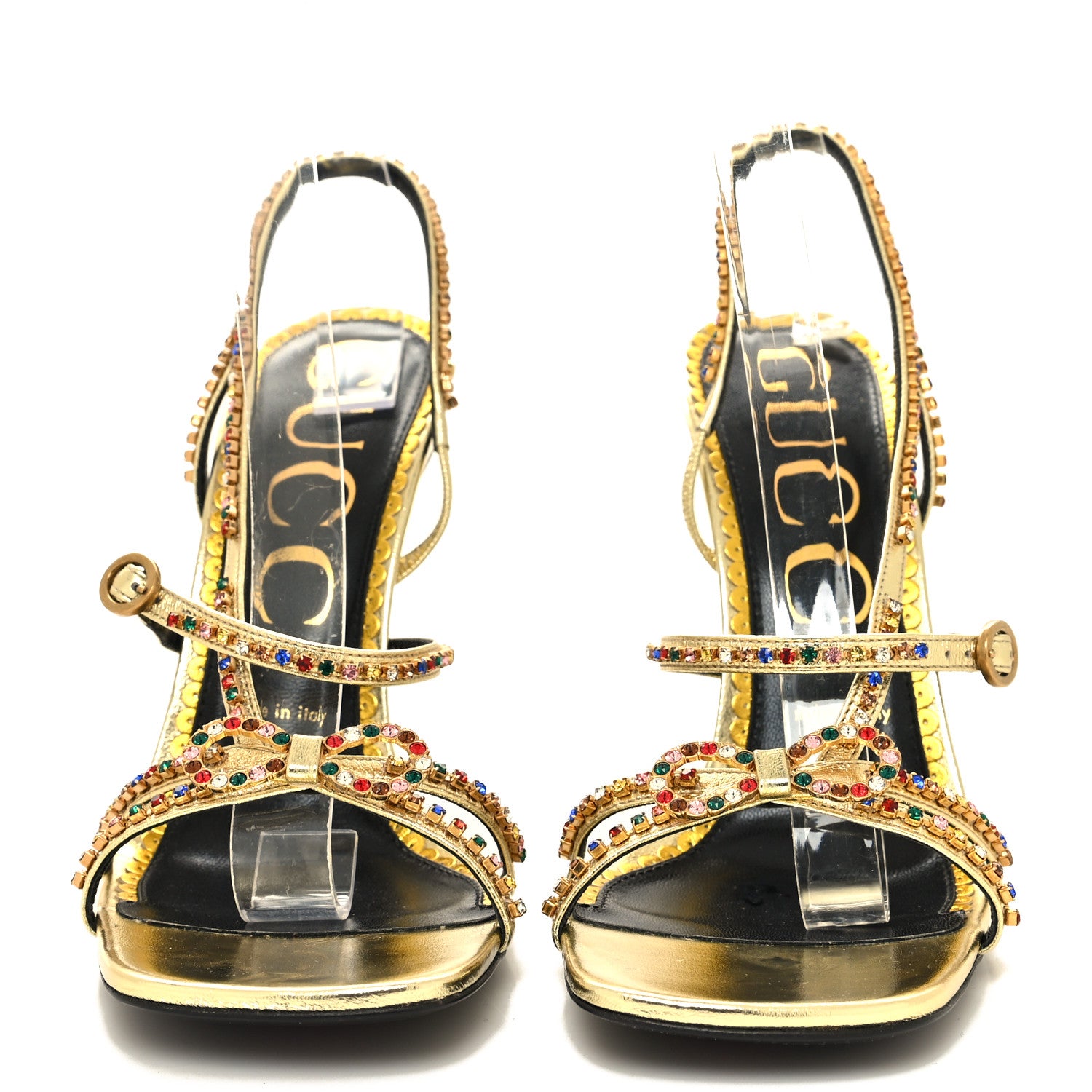 Gucci Metallic Nappa Crystal Embellished Carmen High Heel Sandals 39.5 Platino 2 of 8