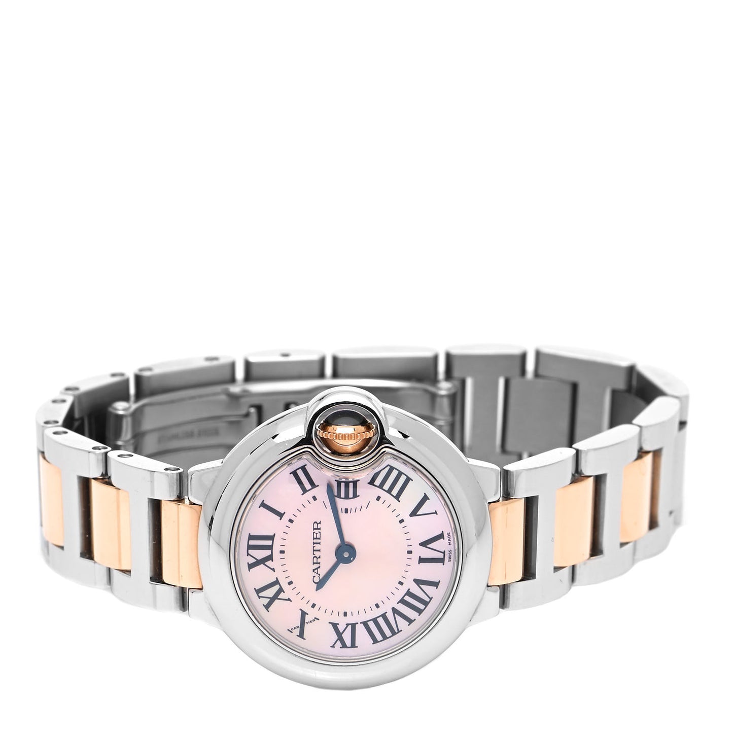 Stainless Steel 18K Pink Gold Pink Mother of Pearl 28mm Ballon Bleu De Cartier Quartz Watch