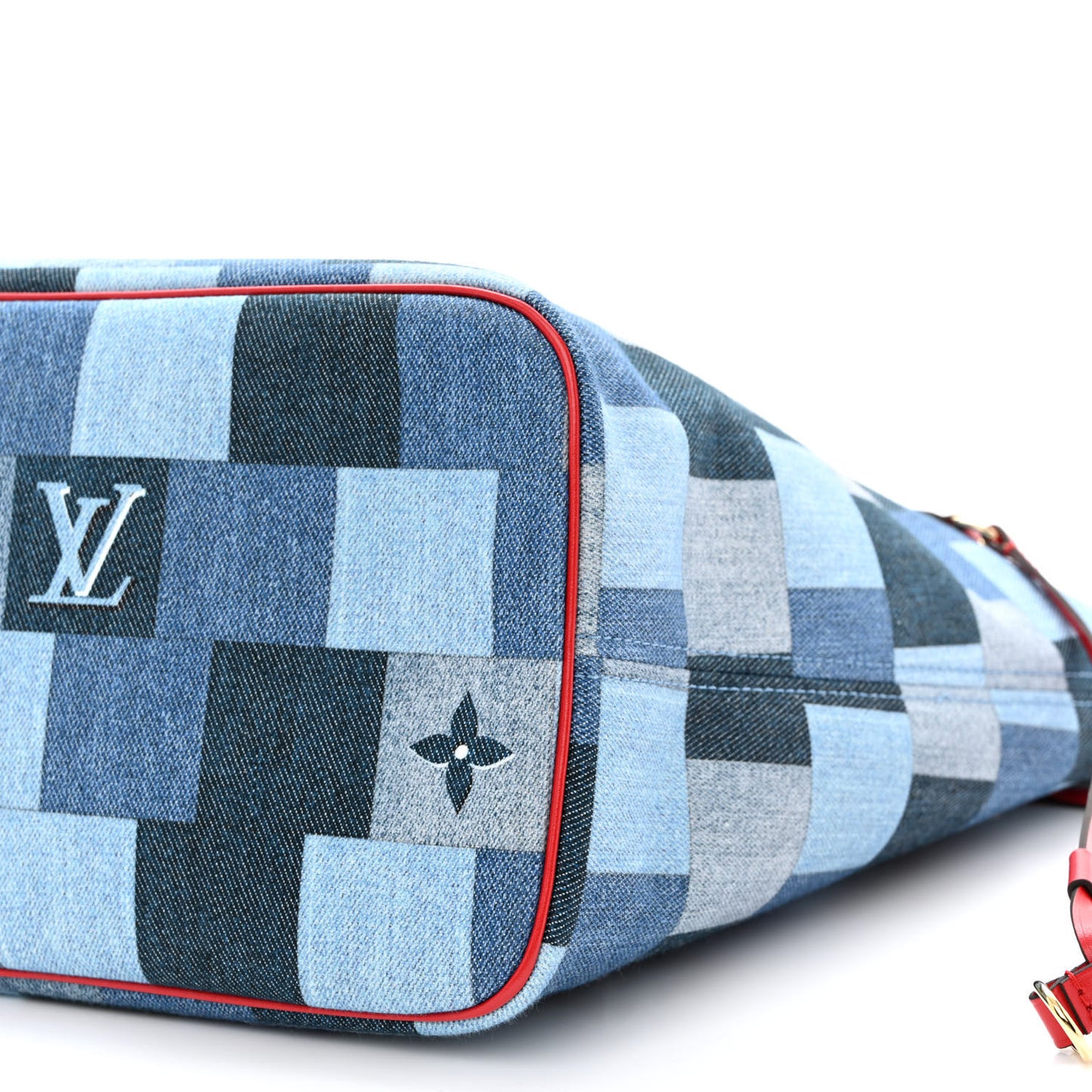 Denim Damier Monogram Patchwork Neverfull Blue Rouge