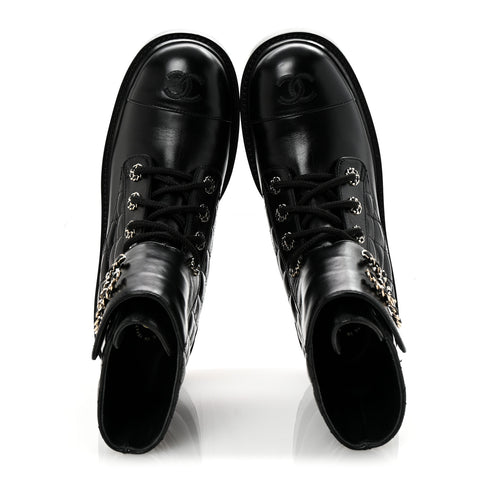 Shiny Lambskin Quilted Lace Up Combat Boots 39 Black