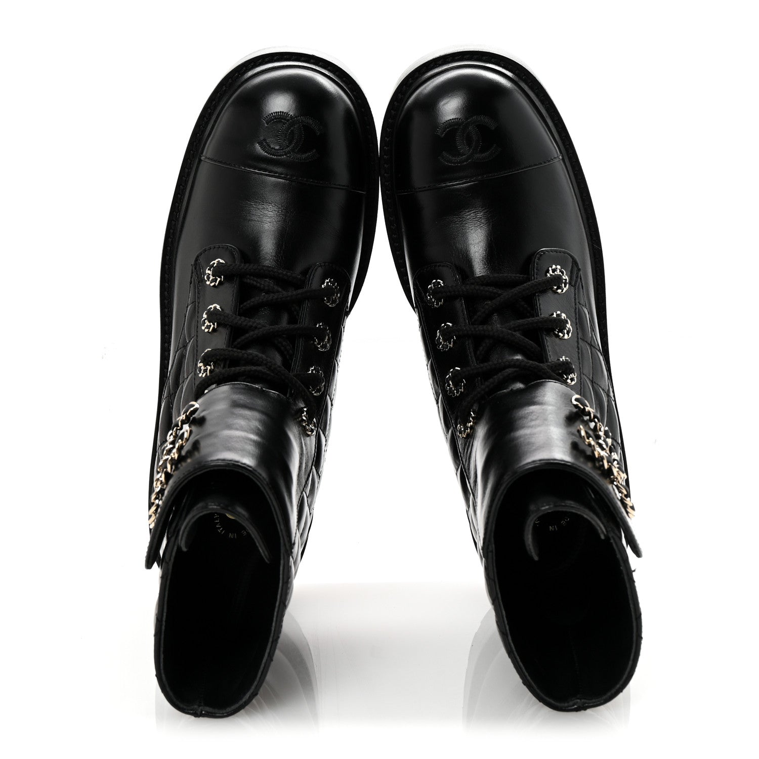 Chanel Shiny Lambskin Quilted Lace Up Combat Boots 39 Black 2 of 10
