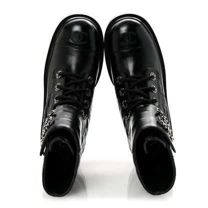 Chanel Shiny Lambskin Quilted Lace Up Combat Boots 39 Black 2 of 10