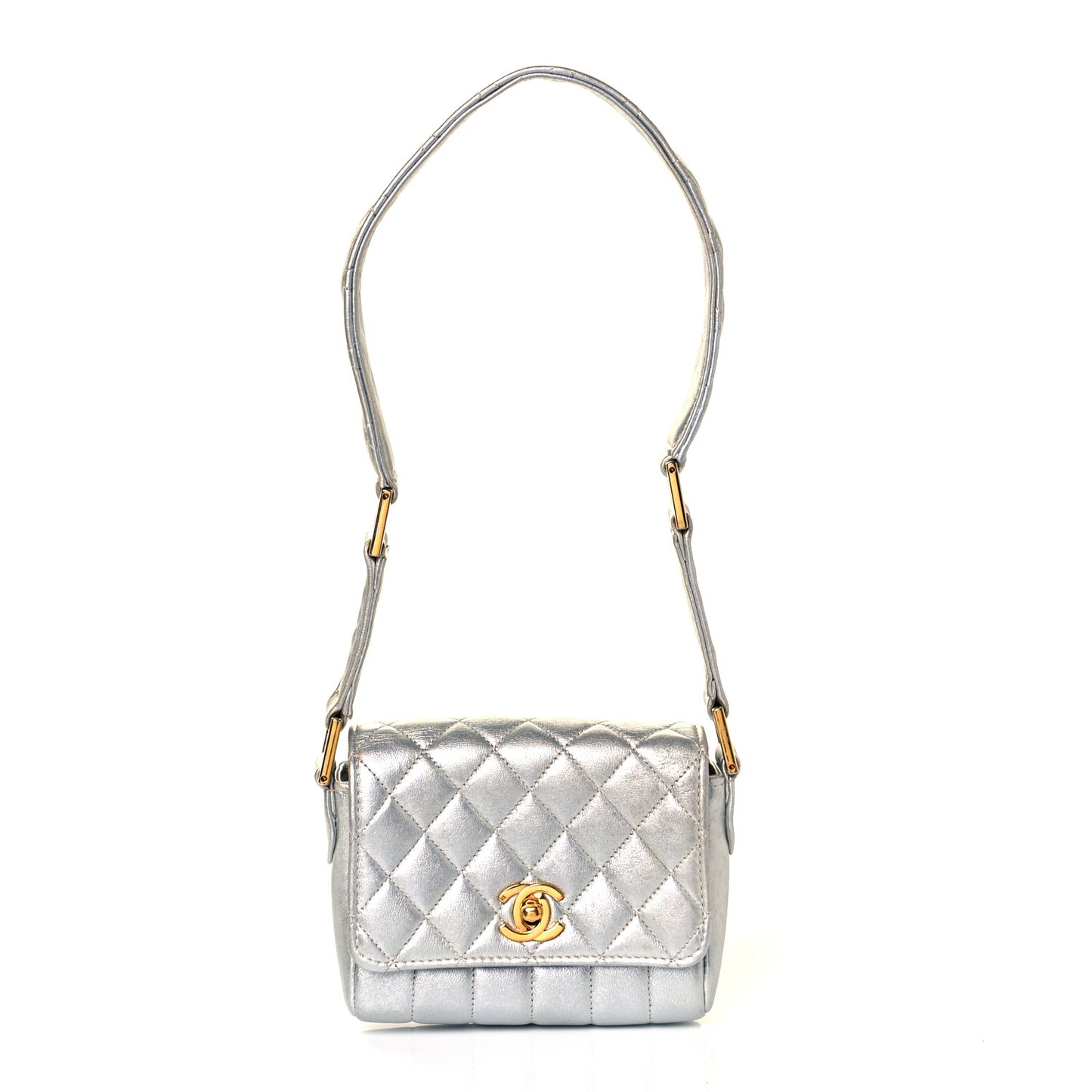 Metallic Goatskin Quilted Square Flap Shoulder Bag Silver