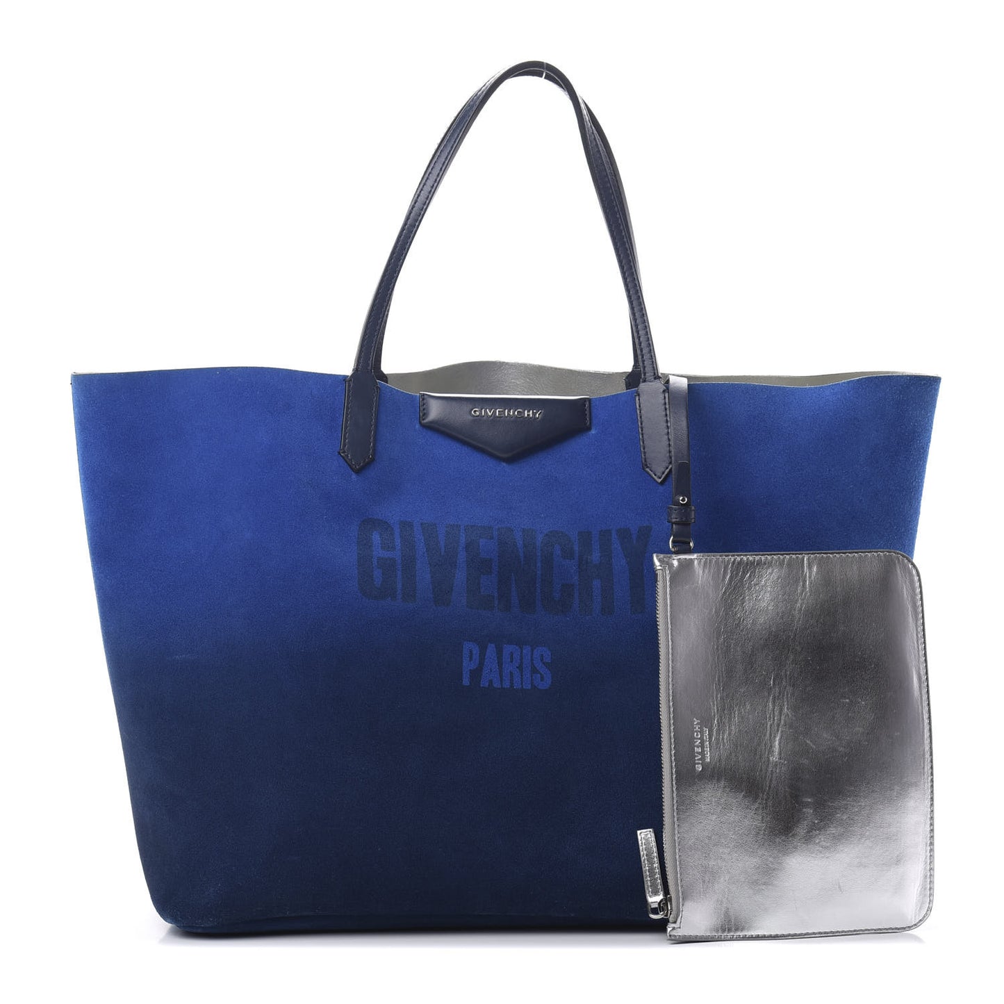 Metallic Calfskin Suede Ombre Large Reversible Antigona Tote Blue Silver