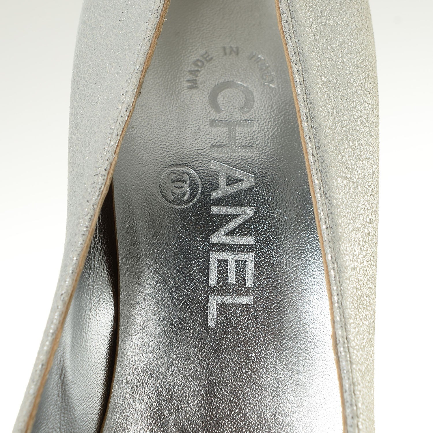 Chanel Metallic Crackled Leather Cap Toe Pumps 37 Silver Black 7 of 7