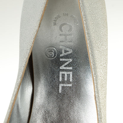 Chanel Metallic Crackled Leather Cap Toe Pumps 37 Silver Black 7 of 7