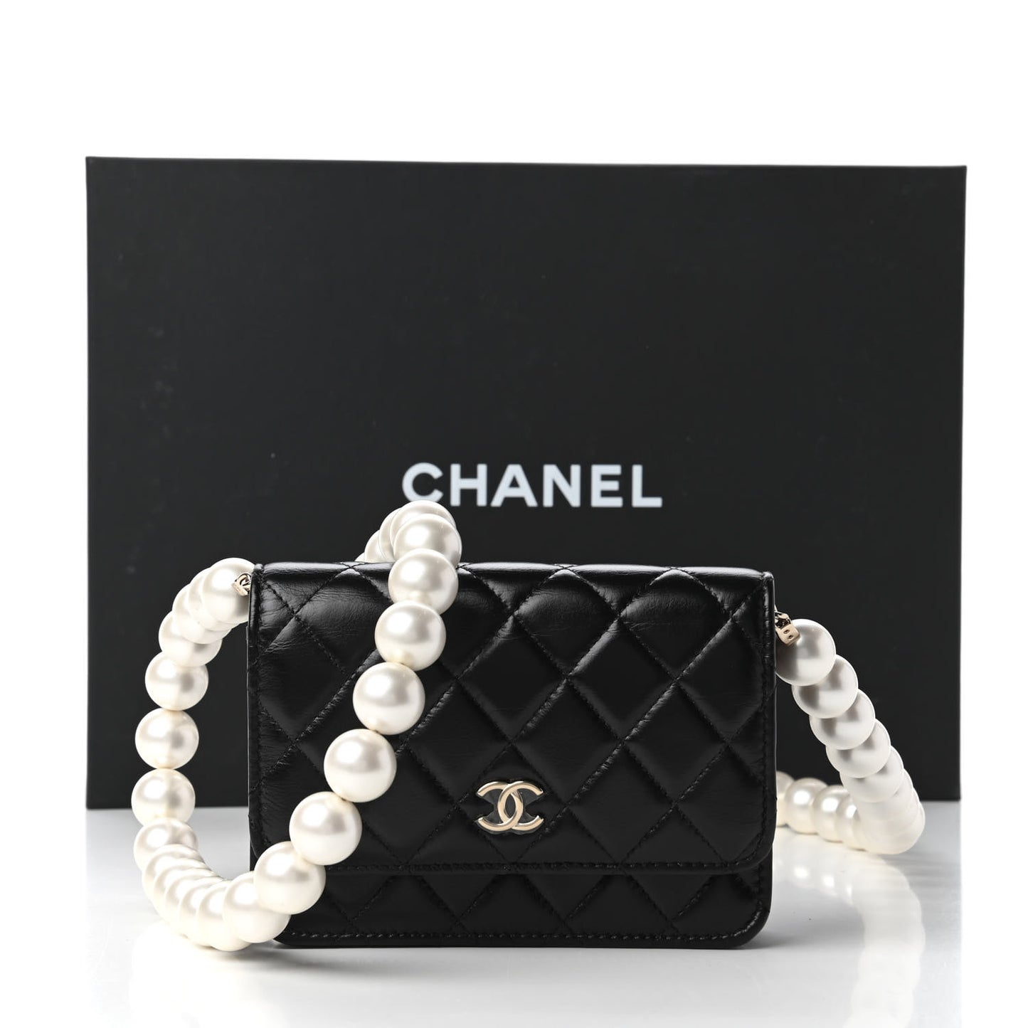 Calfskin Quilted Mini Maxi Pearls Wallet On Chain WOC Black