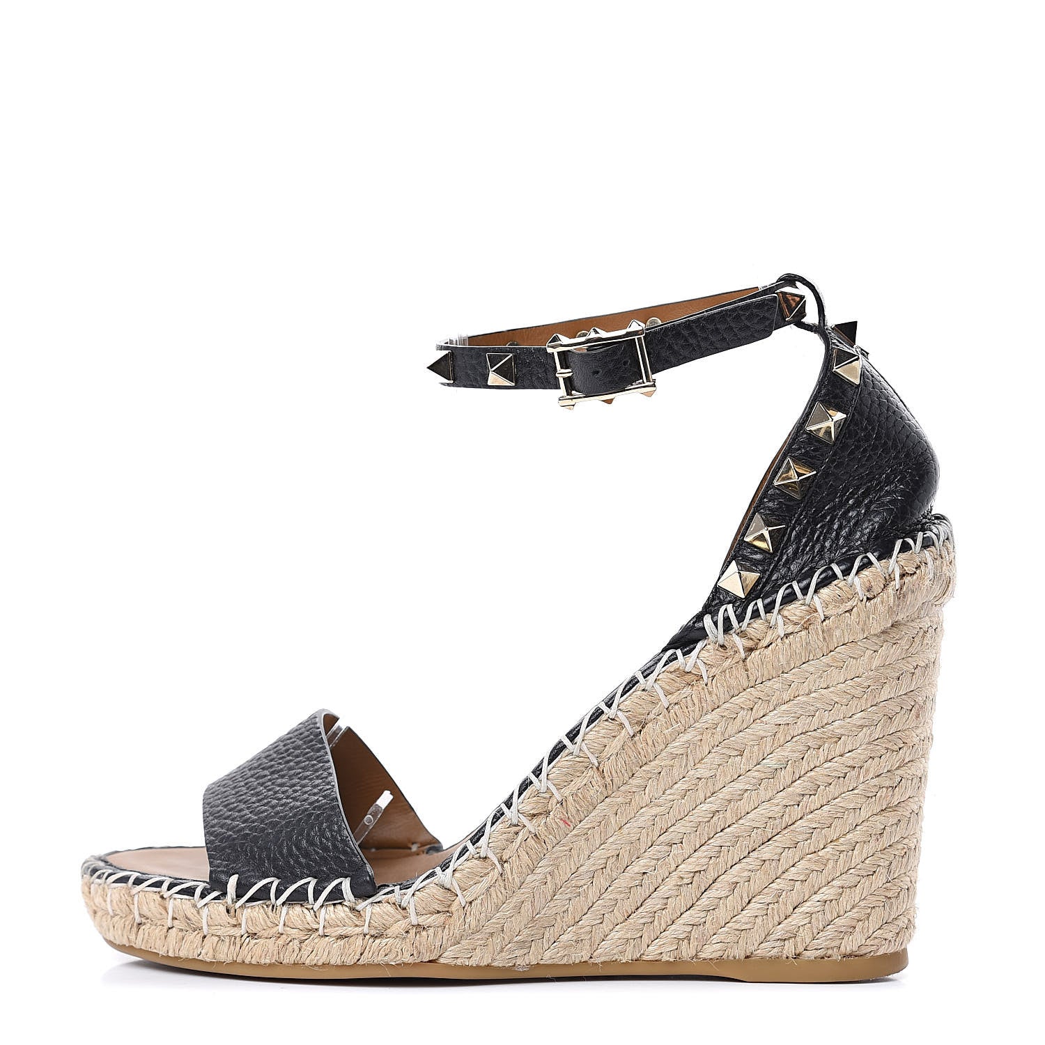 Valentino Garavani Grained Calfskin Rockstud Ankle Strap Espadrille 15/105mm Wedge Sandals 37 Black Light Cuir Natural 1 of 9