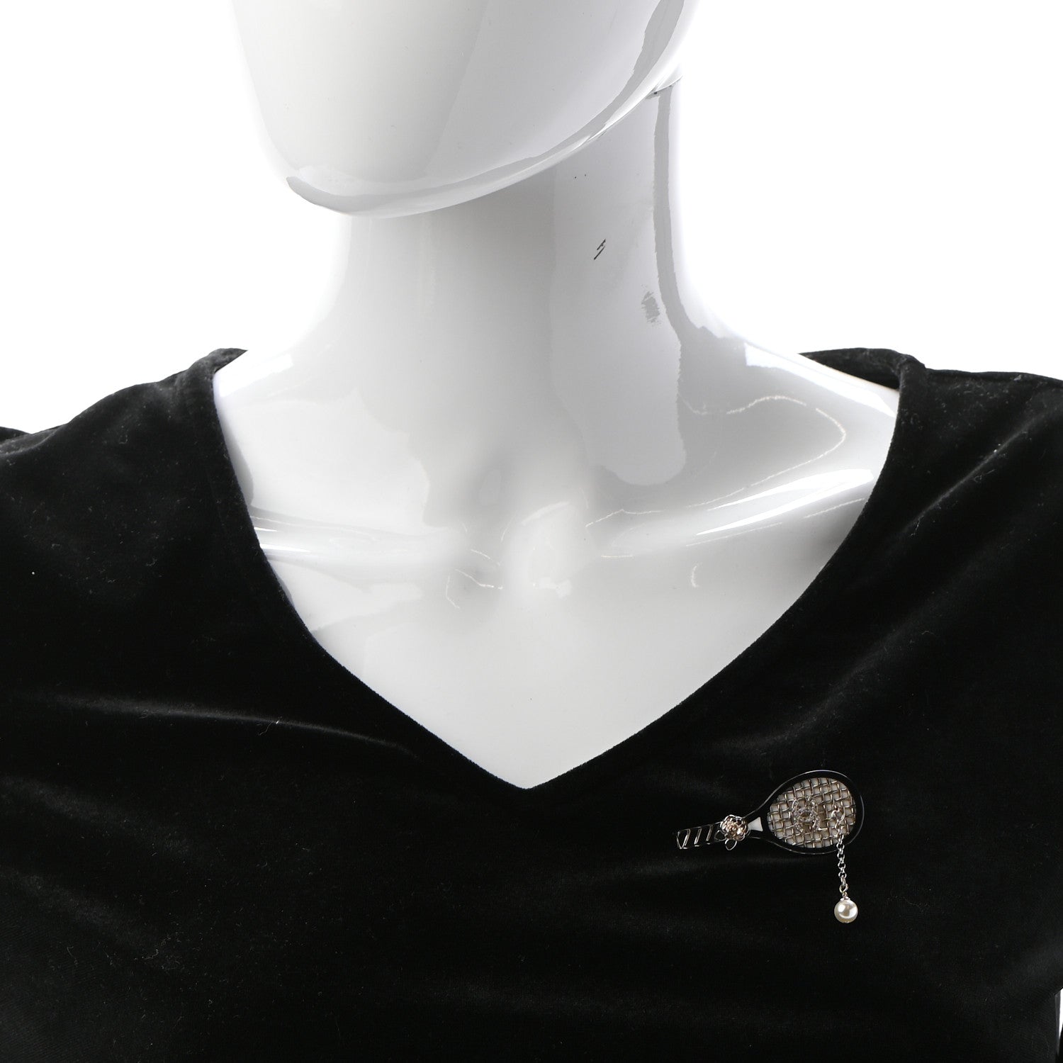 Chanel Pearl Strass Resin Crystal CC Tennis Racket Brooch Gold Black Pearly White 2 of 6