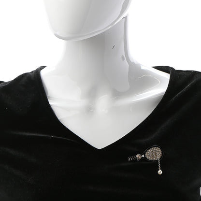 Chanel Pearl Strass Resin Crystal CC Tennis Racket Brooch Gold Black Pearly White 2 of 6