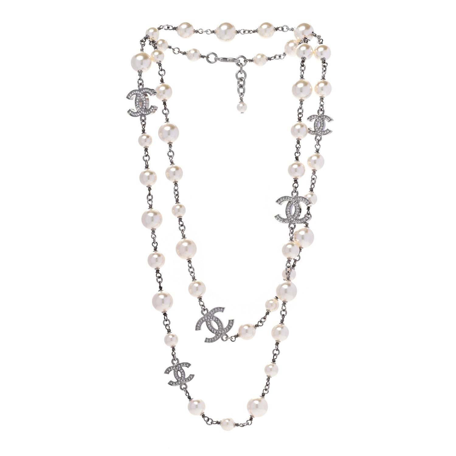 Chanel Graduated Pearl Crystal CC Long Necklace Silver 3 of 6
