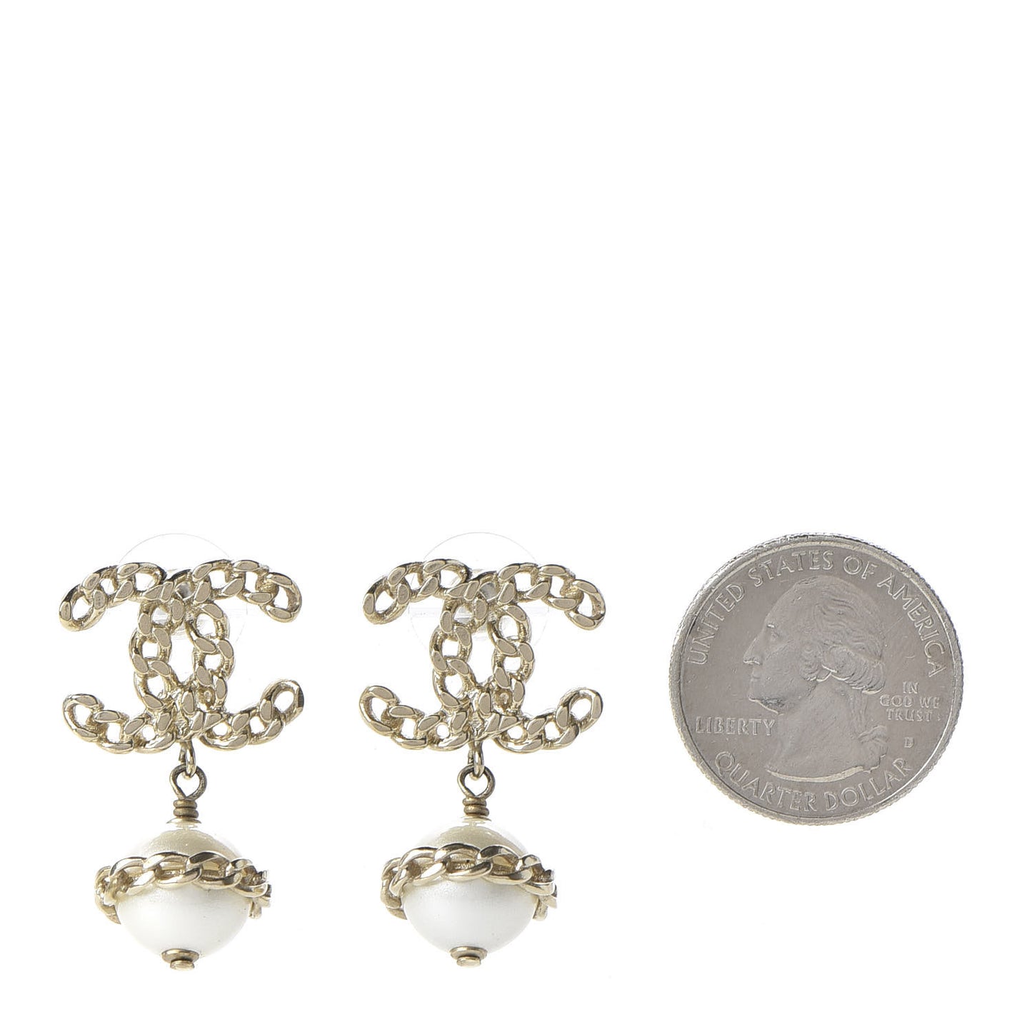 Pearl Chain CC Dangle Earrings Gold