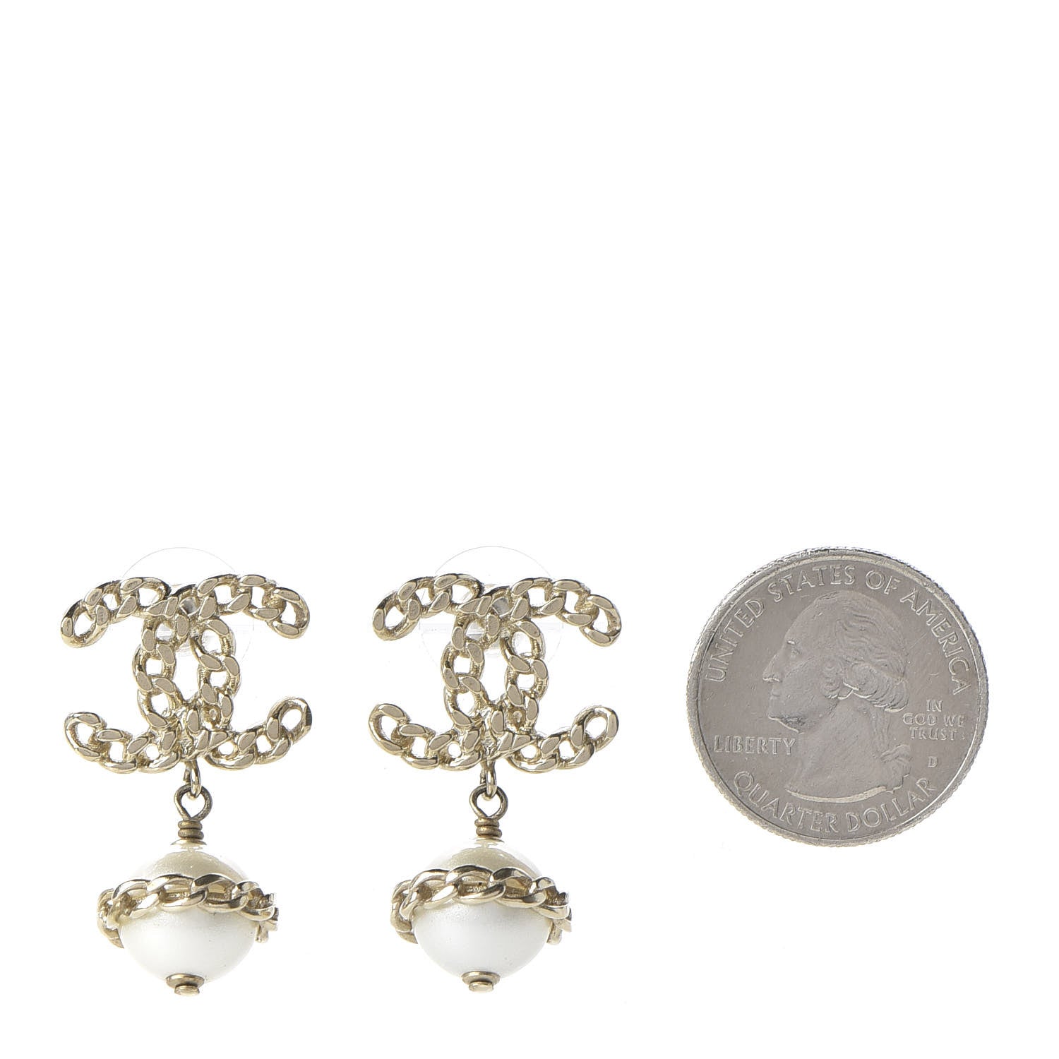 Chanel Pearl Chain CC Dangle Earrings Gold 2 of 5